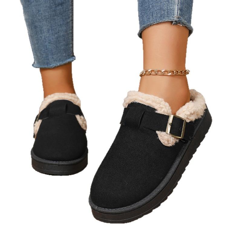 Cross-border New Belt Buckle Low-top Wool Cotton Shoes Women's Large Size Round Head Thick Sole Short Plush Rear Empty Snow Boots