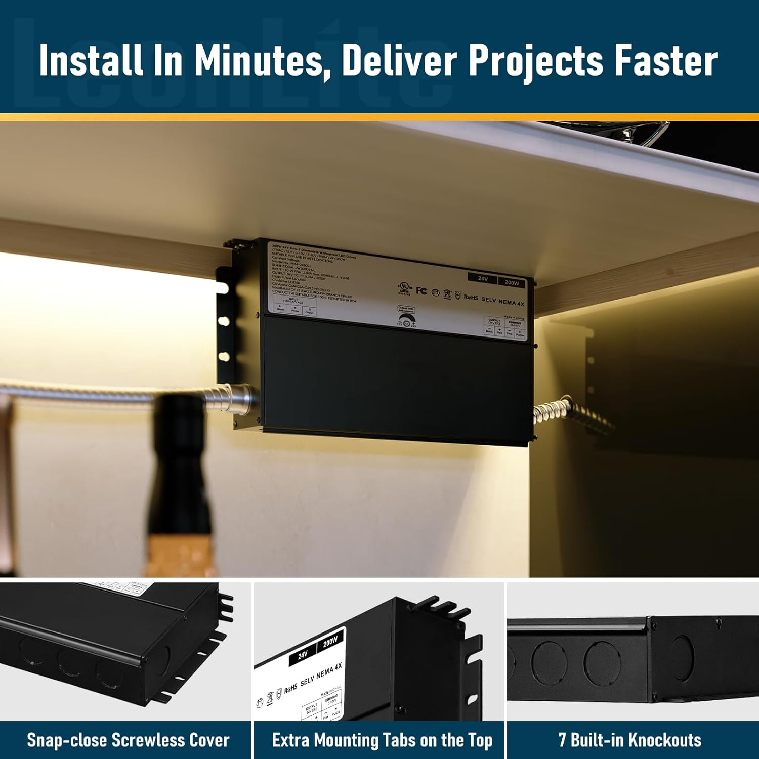 

200W 24V Dimmable LED Driver, 5-in-1 Universal Dimming, 110-277V AC to DC, TRIAC/0-10V/1-10V/PWM/Potentiometer, UL FCC Certified United States