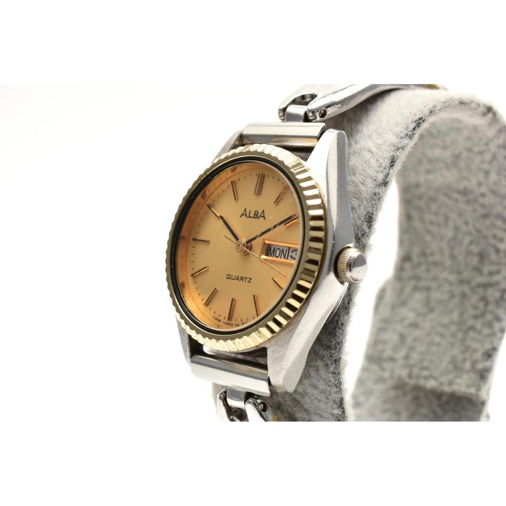 Used Good Condition SEIKO Alba V248-0100 Quartz Day Date Gold Dial Stainless Steel x Gold Color 1990's Ladies Watch Working Item