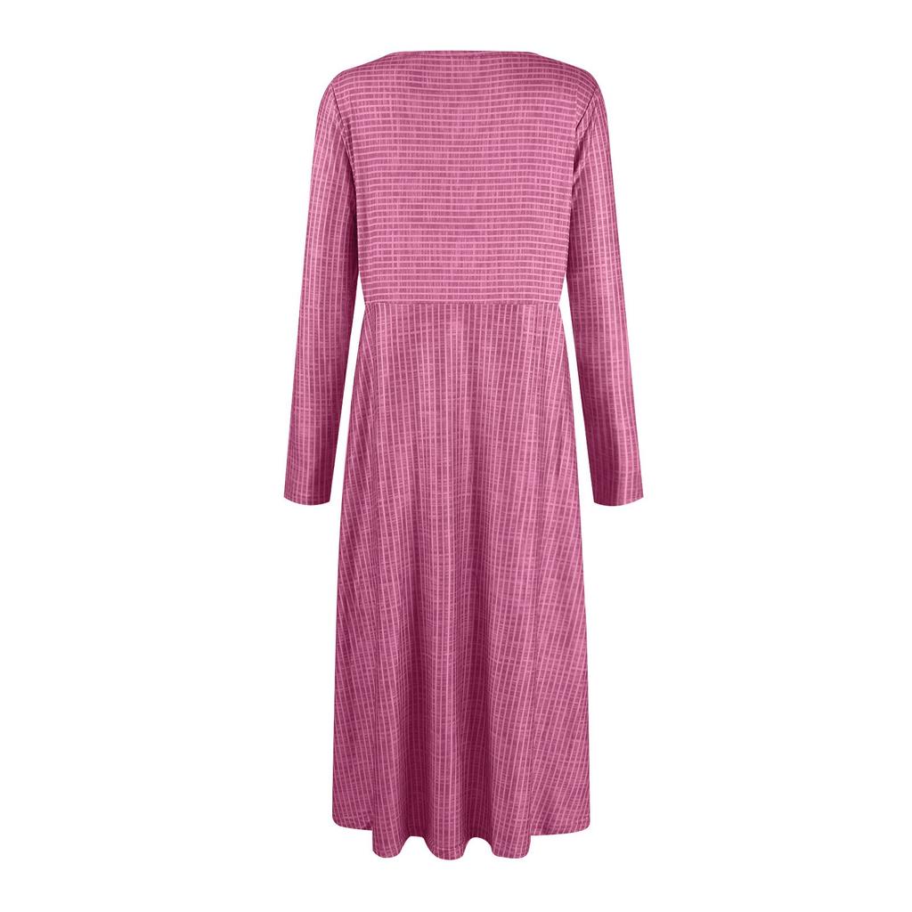 Damen Lässige Mode Langarm Streifen Print Vintage Lange Kleider mit Tasche Und Winter