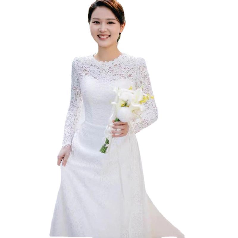 Abito da Sposa in Pizzo Francese 1011 Nuovo Sposa Atmosferico Semplice Manica Lunga Estiva Abito da Uscita Abito da Sposa con Strascico Piccolo