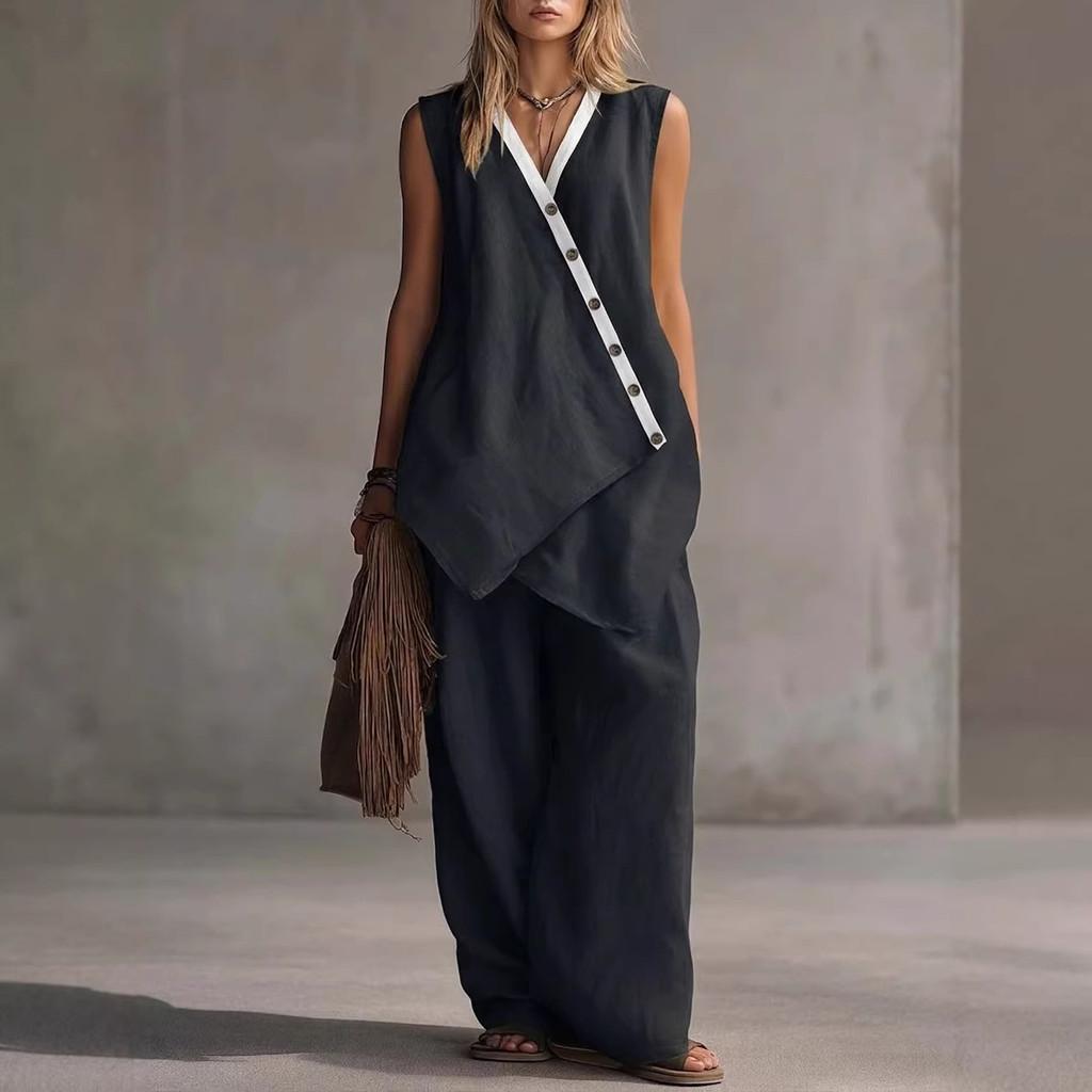 Bohemian Style Sleeveless Cotton Vest And Wideleg Pants Casual Set For Women Spring Summer
