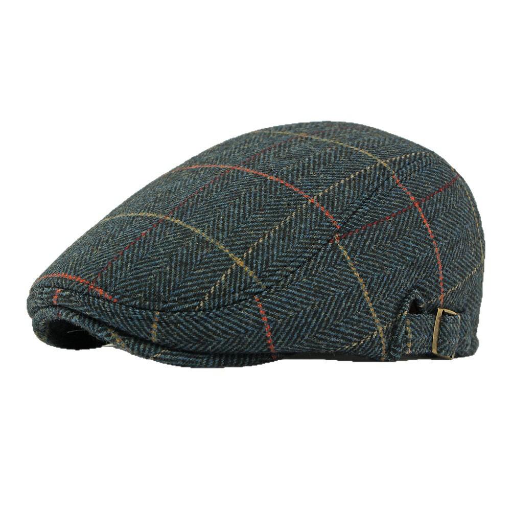 Men's Herringbone Plaid Woolen Flat Cap Fleece Lined Winter Warm Ivy Cap British Retro Gatsby Cabbie Hat Adjustable Strap