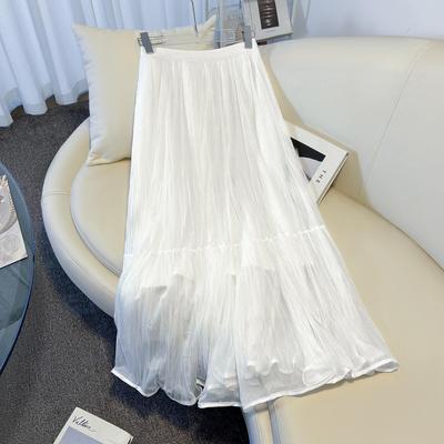 Weißer Netz-Midirock für Damen - Eleganter hoher Bund, fließender, sanfter Stil
