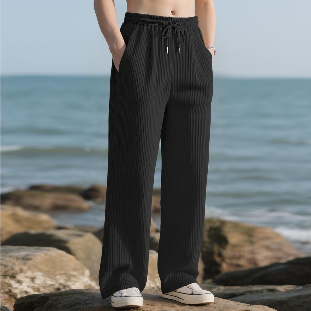 Men Textured Straight Leg Loose Pants Casual Relaxed Fit Workout Stretch Trousers Bottoms