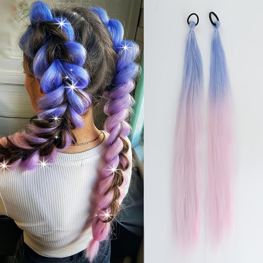 Synthetische Regenbogen Lametta Zöpfe Haarverlängerungen 26 Zoll Doppelte Pferdeschwänze Mädchen DIY Rave Party Ausgefallene Haaraccessoires