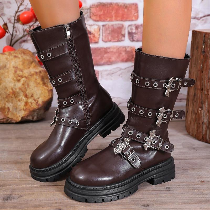 French Temperament Platform Non-Slip Rider Boots Winter New Round Toe Zipper Metal Buckle Waterproof Personality Mid-Leg Boots