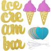 Gold Glittery Ice Cream Bar Sign Banner and Pink, Blue, Gold Heart Paper Garland for Birthday, Summer Theme Party, Baby Shower, Wedding Decorations -