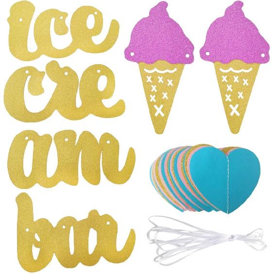 Gold Glittery Ice Cream Bar Sign Banner and Pink, Blue, Gold Heart Paper Garland for Birthday, Summer Theme Party, Baby Shower, Wedding Decorations -