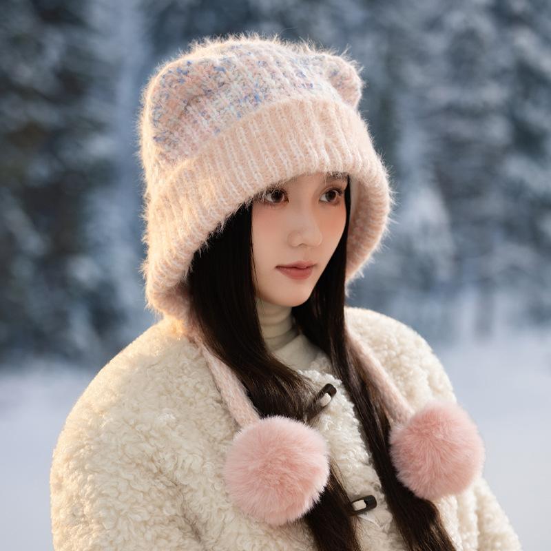 Korean Cute Colorful Bear Ear Wool Ball Cap Autumn and Winter Casual Cold Warm Hat Showing Face Small Knitted Wool Cap