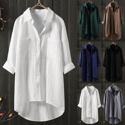 Lässiges Baumwollleinen Langarm Weißes Oberteil Übergroße Mode Damenhemden Damenoberteile Sommer Button-Up-Hemd
