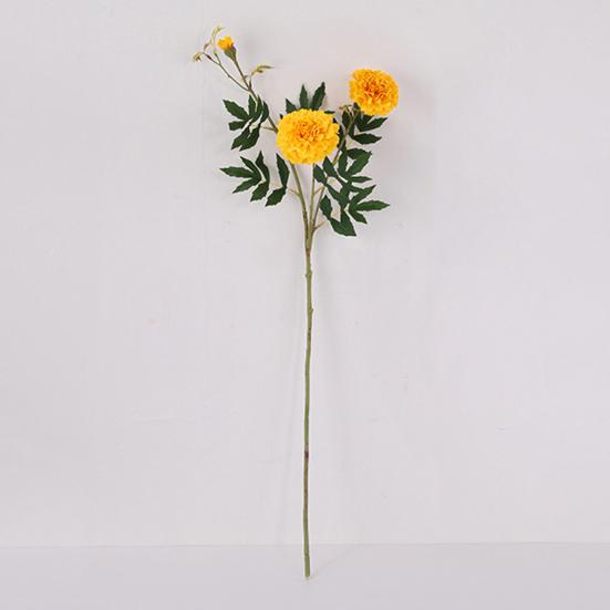 Artificial Marigold 3 Head UV Resistant Fake Silk Flower with Leaves Indoor Outdoor Garden Table Centerpiece Faux Bloom Decoration
