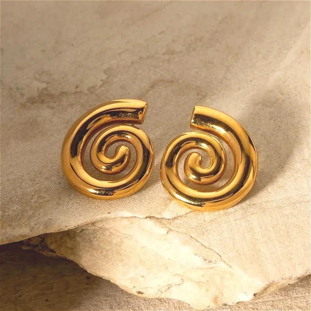Mariasz Minimalist Geometric Twisted Spiral Stainless Steel Stud Earrings Gold Hollow Baroque Piercing Jewelry for Women