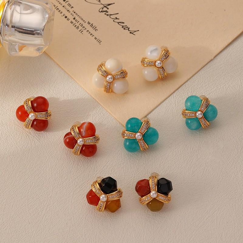 

High-End Vintage Silver Needle Zircon Stud Earrings with Natural Stone