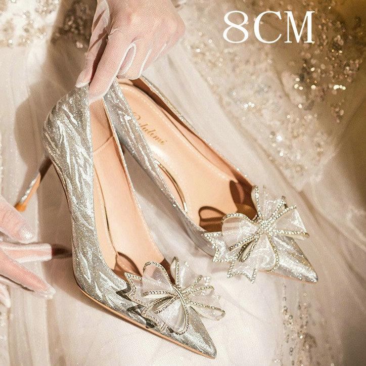 Fashion High Heels Women Silver Chunky Glass Slipper Wedding Shoes Two Wear Gold Mid-Heel Bridesmaid Shoes