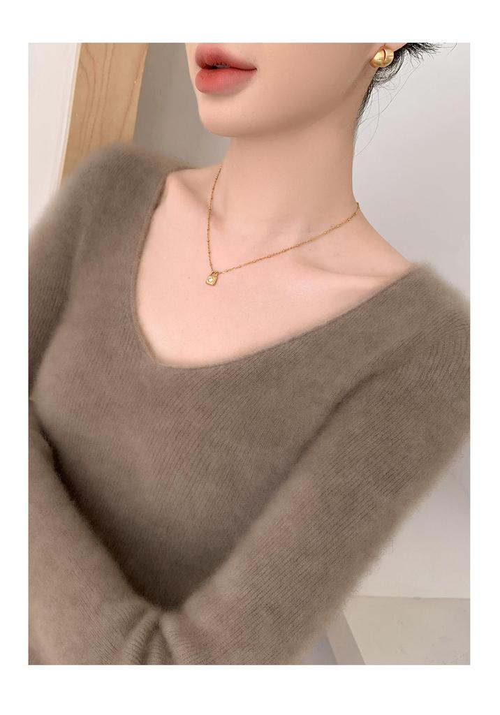 Women's V-Neck Cashmere Pullover - Loose Fit Solid Color Base Layer for Autumn/Winter