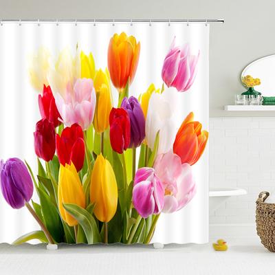 Cortinas de Ducha de Flores Frescas Tulipán Rosa Impermeable Tela de Poliéster Impresión 3D Pantalla de Baño Decoración del Hogar Cortina de Ducha