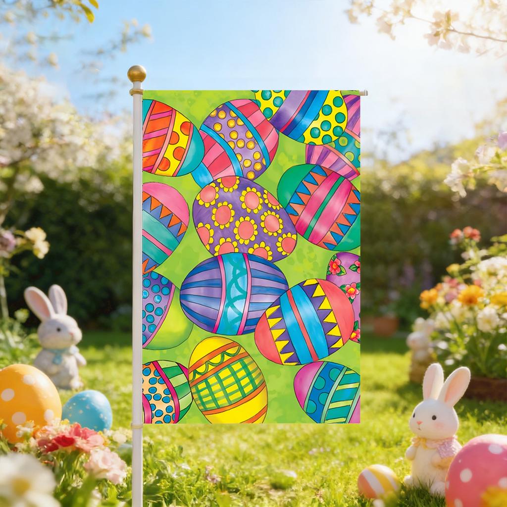 Föremål för en påskträdgård: Dubbelsidigt tryckta söta påskägg och dekorativa flaggor