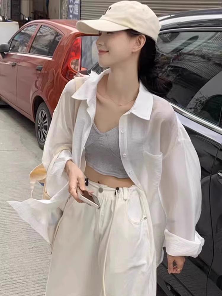 Women's Loose Cotton Linen Summer Sun Protection Shirt - White, Long Sleeve Cardigan