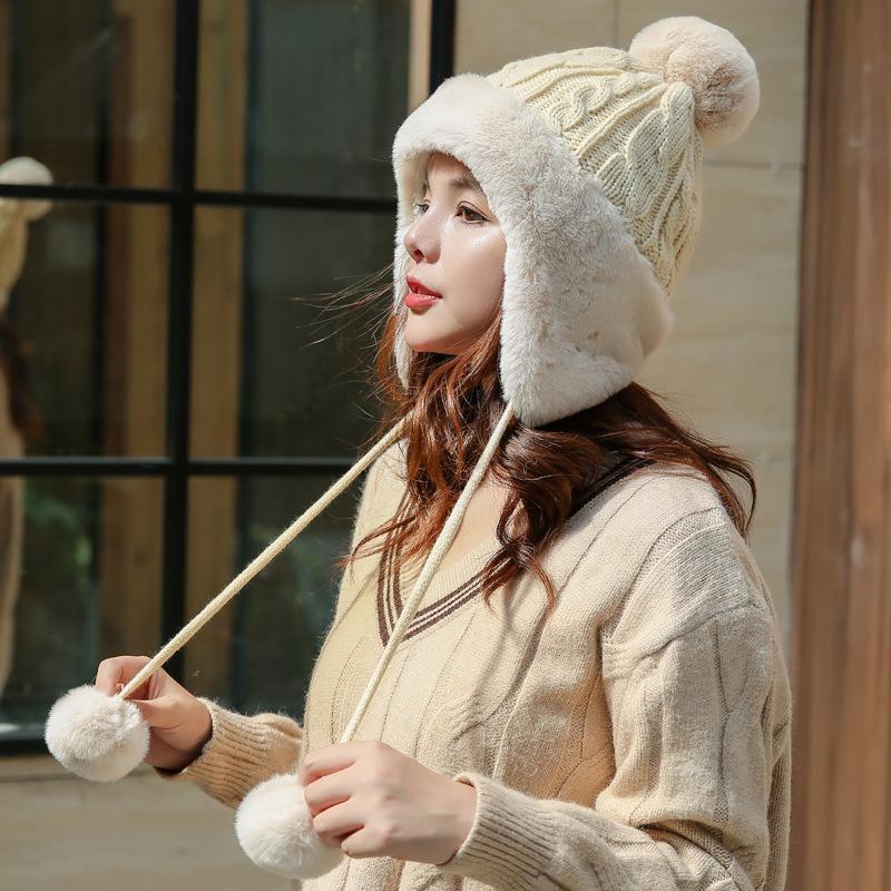 

Winter hat fashion plush hairball hat children s knitted hat tide hanging ball ear protector wool hat thickened Fleece, thicker, elastic бежевий