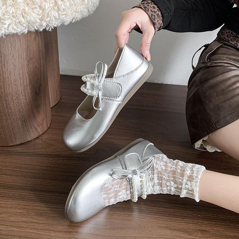 Beautiful with skirt, not tired, flat-soled soft-soled Mary Jane shoes, women's summer and autumn new ballet silver single shoes