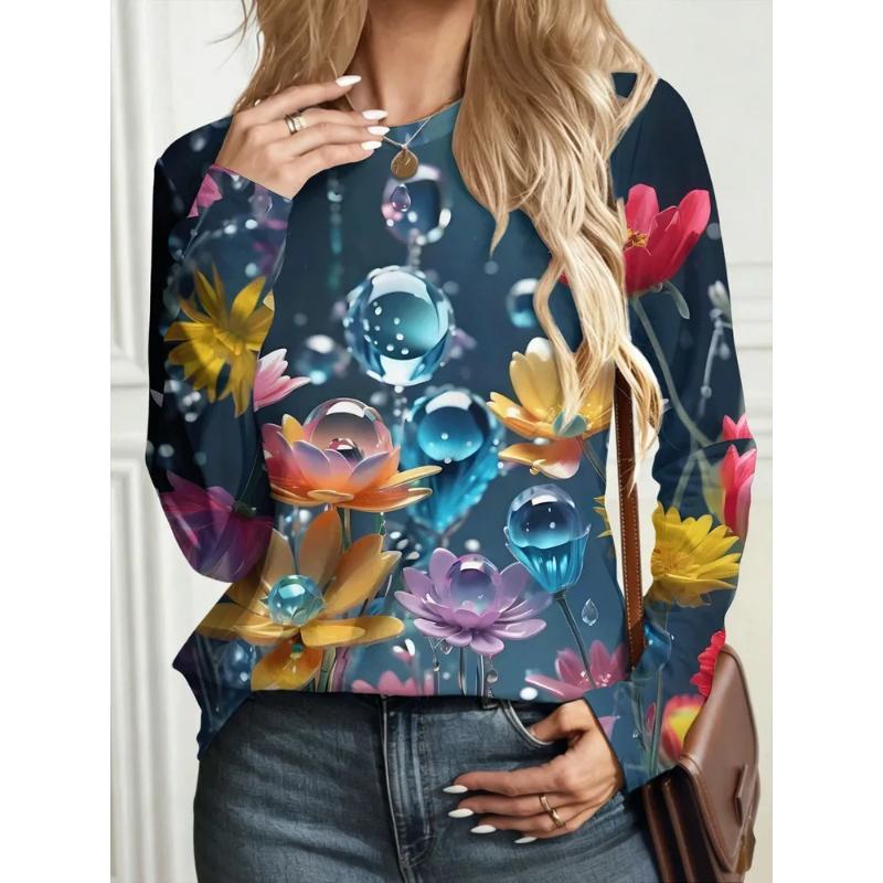 Fashion Women's Crew Neck Long Sleeve 3D Casual Color Printing Casual Short Sleeve Crew Neck T-Shirt