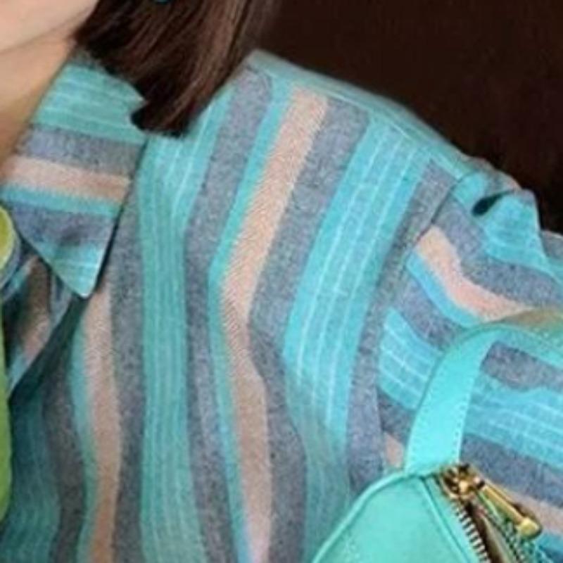 Striped Women's Shirt Turndown Collar Single Breasted Button Loose Fitting Famale Shirts French Style Casual Ladies Long Sleeved Top