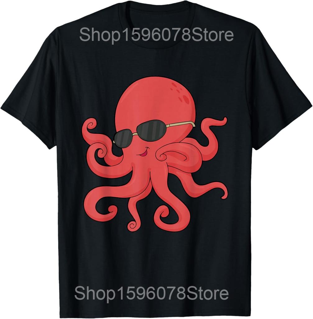 Octopus Sunglasses Animal Ocean Sea T Shirts Men Pure Cotton Humor Streetwear Tee Shirt Short Sleeve Unisex Loose Clothing