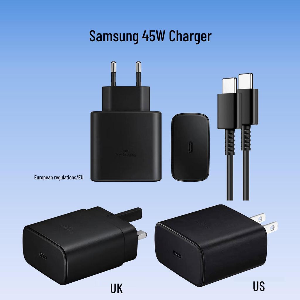 25W Super Fast Charger Set for Samsung Phones – PD 45W Charging Head with Cable, US/EU/China Plug Options.