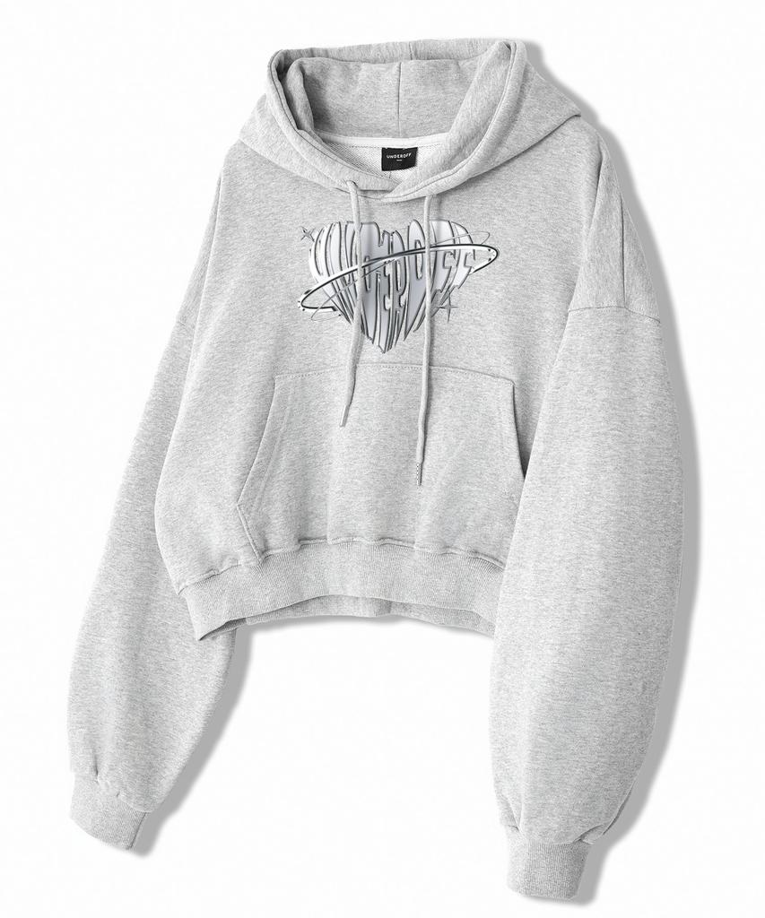 Women'S Relaxed Metallic Chrome Heart Crop Hoodie White Melange