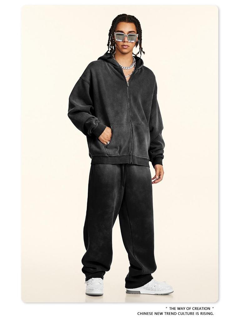 BE Winter 2025 Men's American Trend Plus Velvet Hooded Sweatshirt & Straight Casual Pants Two-Piece Set