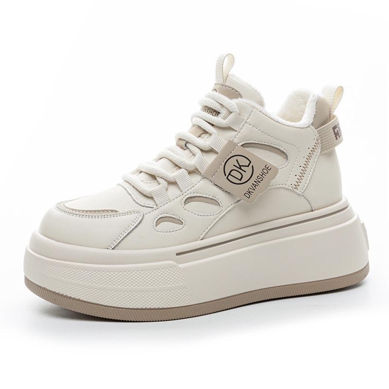 Women's Genuine Leather Velvet Platform Sneakers - Warm, Thick-Soled, Casual High-Tops for Spring 2025.