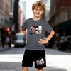Boys 2 Piece Cute Cartoon Print Outfit, Short Sleeve T-Shirt and Shorts Set for Kids Age 5-14, Black and White Sporty Casual Summer Clothes