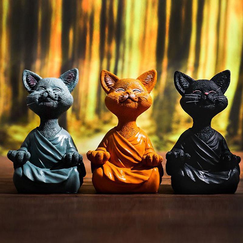 Meditation Cat Sculpture Home Decorations Resin Black Yoga Sitting Zen Cat Black Buddha Ornament Outdoor Garden Figurines