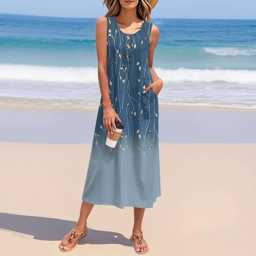 Women's Summer Floral Print Dress Sleeveless Button Down Casual Loose Long Beach Sundress