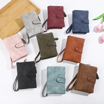 Women's Short Wallet Solid Color Tri-Fold Snap Button Zipper Closure Removable Wristband Fashion Purse