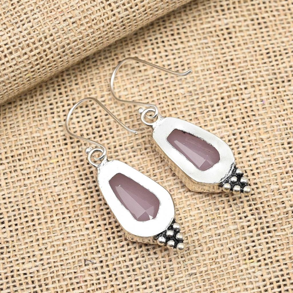 Pink Chalcedony Gemstone Handmade 925 Sterling Silver Earring Jewelry For Love