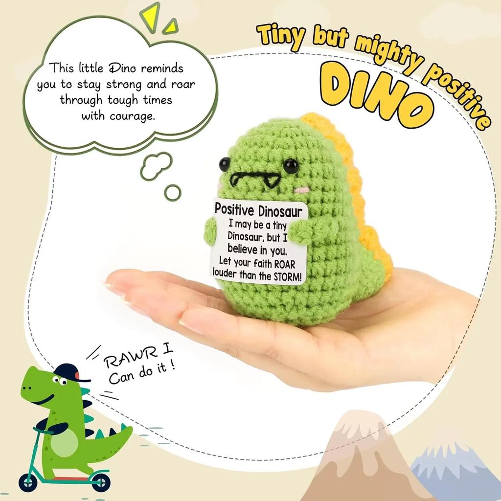 A Top Quality Mini Positive Dinosaur Knitted Crochet Doll Funny Cute Home Decoration Toy Card for Women Men Friends Birthday
