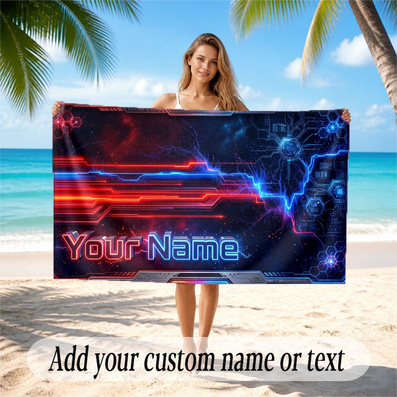 City Cyberpunk Theme Soft Beach Towel Personalized Custom Name Text Towel Portable for Beach Pool Travel