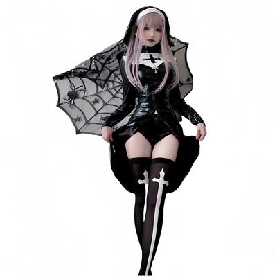 Mominks Gothic Lolita Halloween Black Nun Dress with Spider Web Cape and Cross Stockings Costume,