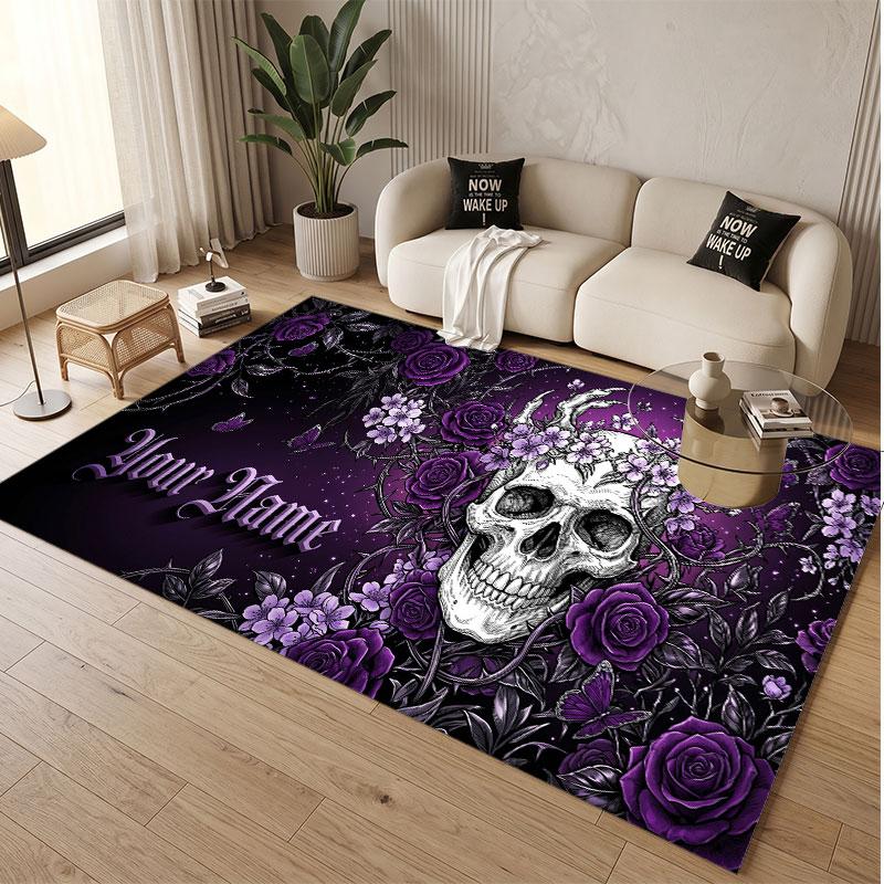 Tappeto Morbido in Velluto di Cristallo Tema Gotico Teschio Stampa Personalizzata Nome e Testo Tappeto Antiscivolo per Camera da Letto Soggiorno