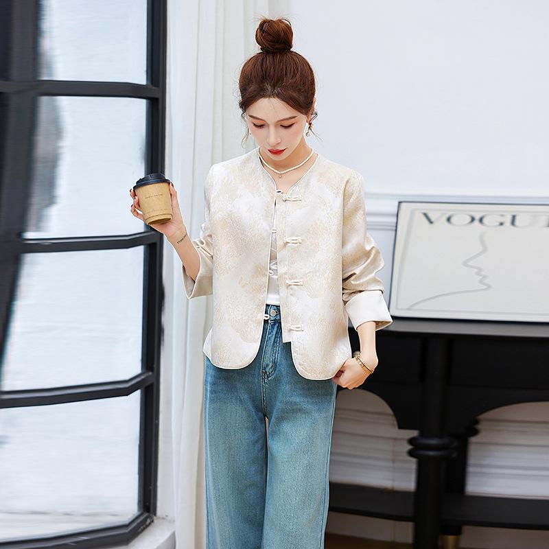 2025 Women's Spring Jacquard Color Block Retro Jacket with Frog Buttons