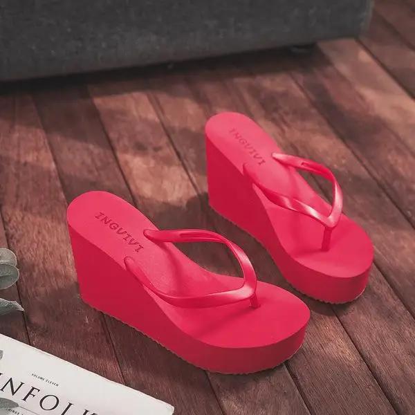 2024 High-heeled Shoes Lady House Slippers Platform Slides Low on A Wedge Rubber Flip Flops Summer Sand New Woman's Candy Colors