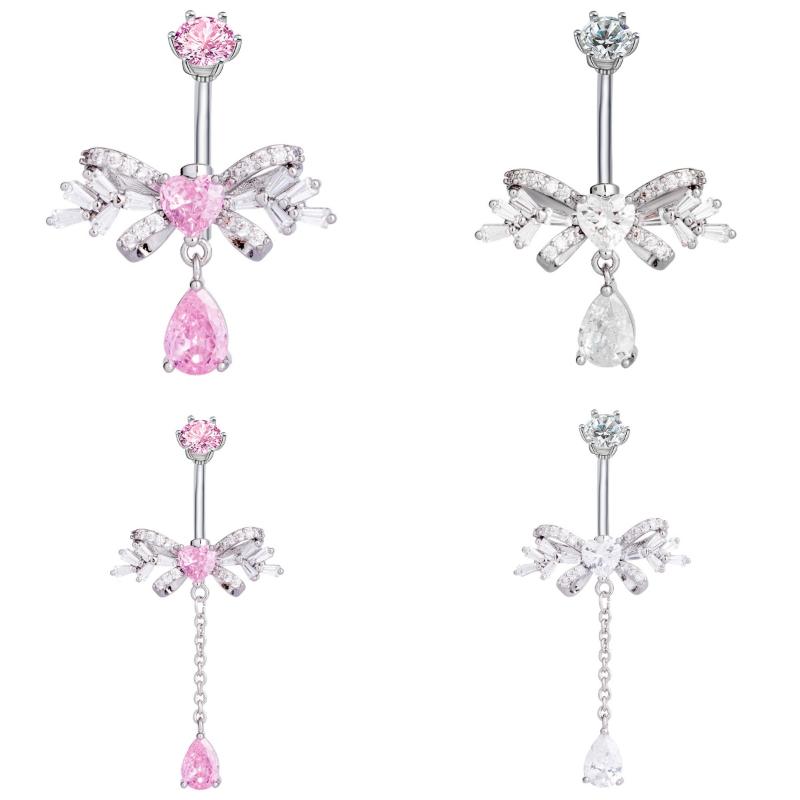 Sweet  Bowknot Heart Navel Ring For Women Girl Exquisite Shining Zircon Belly Button Ring Sexy Body Piercing Jewelry Gift