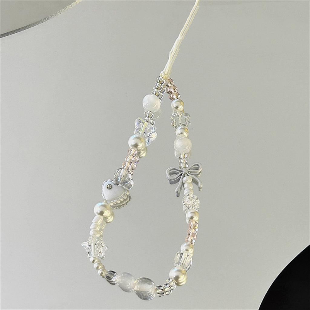 Ins Cute Rhinestone Love Heart Bow Pendant Beaded Mobile Phone Chain Wristband Camera Keychain For iPhone Bag Girl Hanging Rope