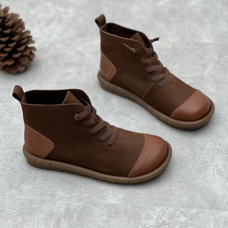 Johnature bottes courtes rétro en cuir de vache faites à la main, bout rond, sangle élastique, chaussures décontractées en cuir véritable pour femmes