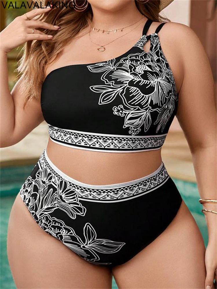 2025 Print One-shoulder Two Piece Plus Size Bikini Women High Waist Large Swimsuit Lady Chubby Swimwear Beach Curvy Bathing Suit