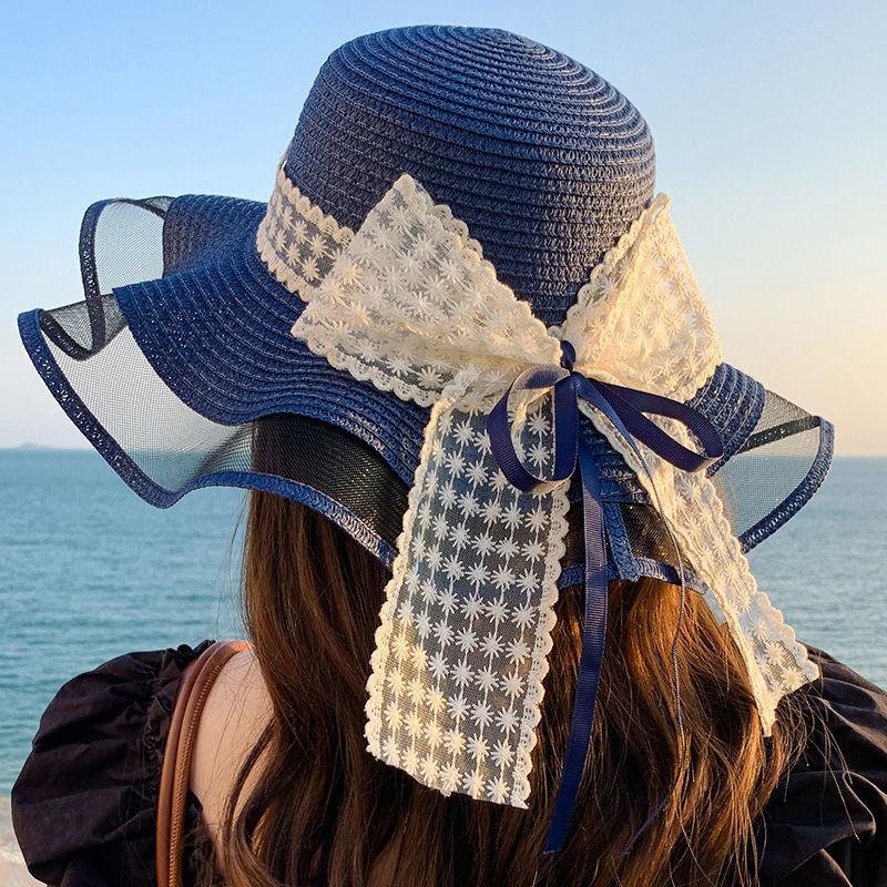 

Шляпа от солнца, элегантная соломенная шляпа с бантом и лентой, пляжные шляпы во французском стиле с широкими полями для путешествий для женщин M（56-58cm）