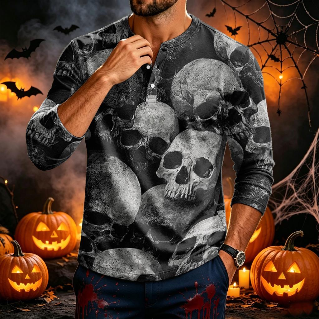 Men's Long Sleeve T-Shirt with Halloween Print for Casual Festival Wear