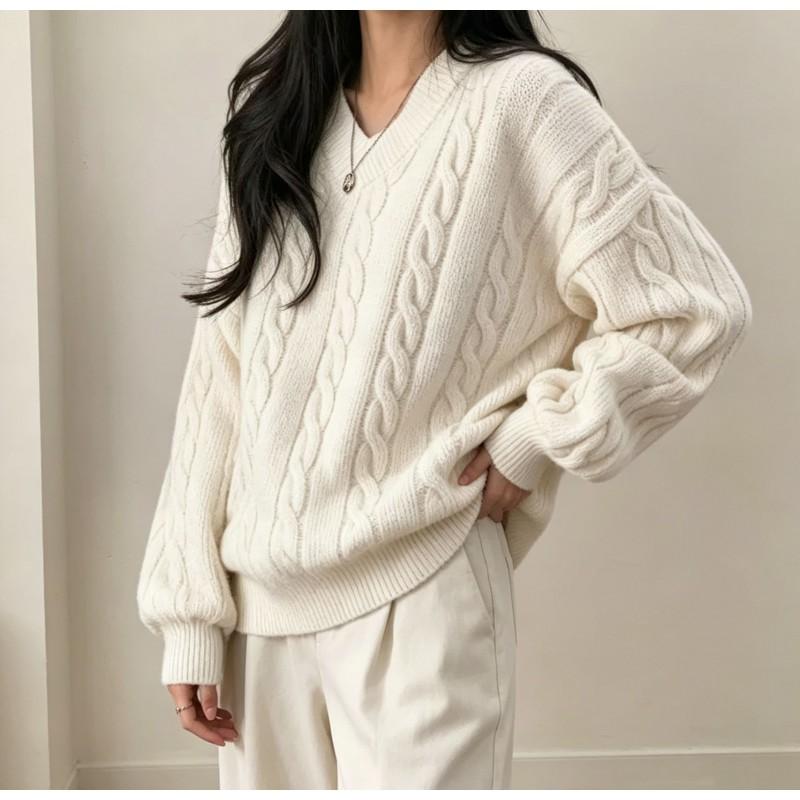 2026 Fall Winter V Neck Twist Knit Sweater Loose Soft Solid Color Pullover Women